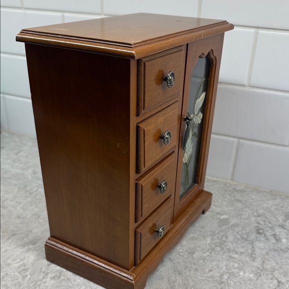 Vintage Wooden Jewelry Box 4 drawer, carousel with glass door Floral Design - Picture 10 of 11
